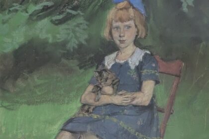 sitzendes Mädchen mit Katze, Erna Plachte, Malerin, Pastell