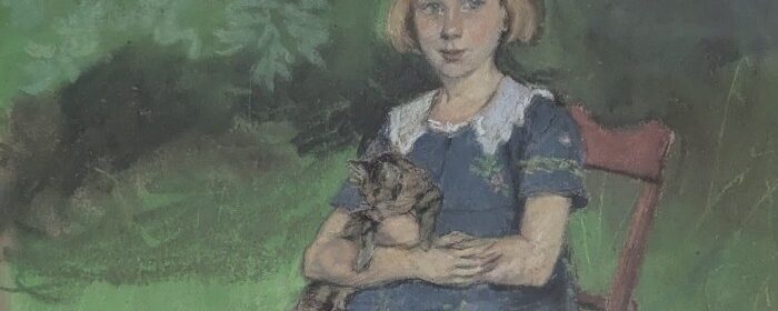 sitzendes Mädchen mit Katze, Erna Plachte, Malerin, Pastell