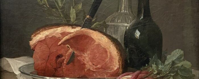 Stillleben mit Schinke,, Flaschen, Radieschen (1767), Anne Vallayer-Coster, Malerin des Rokoko